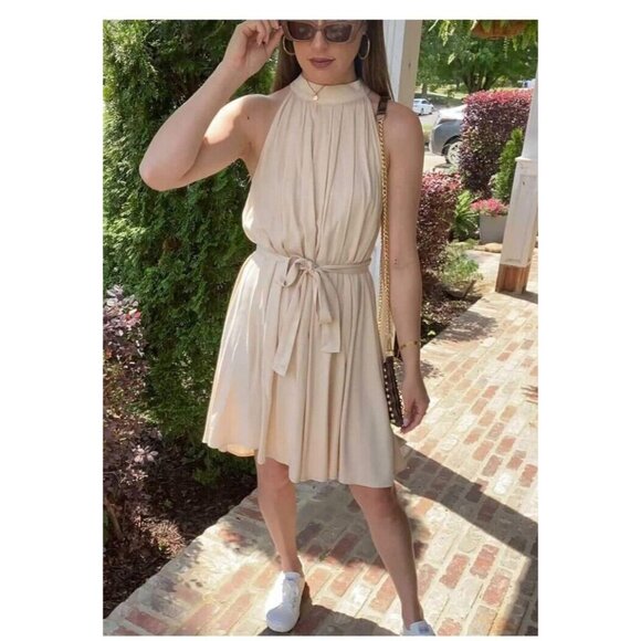 KIRUNDO Women's XL Apricot Summer Halter Neck Sleeveless Mini Dress Pleated NWT - Picture 5 of 9